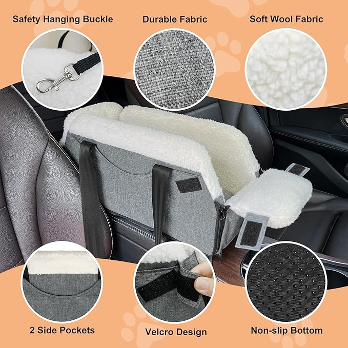 Center Console Dog Car Seat for Small Dogs, Dog Booster Seat with Upgraded Safety Tethers, Detachable Washable Pet Car Seat Travel Bed Under 25lbs(Grey)
