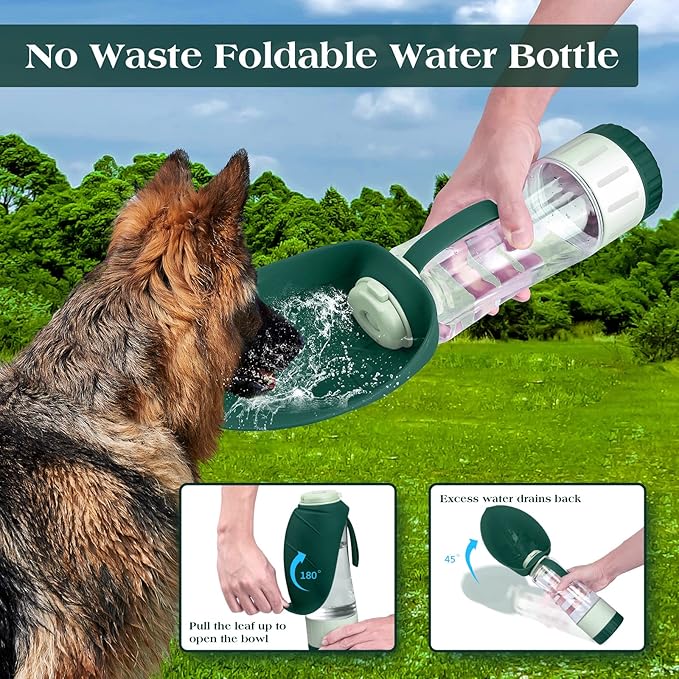 Dog Water Bottle Dispenser for Walking, Pet Water Feeder Container Portable with Drinking Cup Bowl Outdoor Hiking, Travel 20OZ Large Green