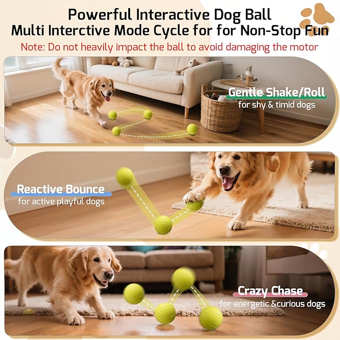 Chew Resistant Smart Interactive Dog Balls, Durable Food-Grade Rubber Material, Automatic Moving, Bouncing, Rotating Toy with Light for Medium, Large Dogs, IPX7 Waterproof (Yellow)