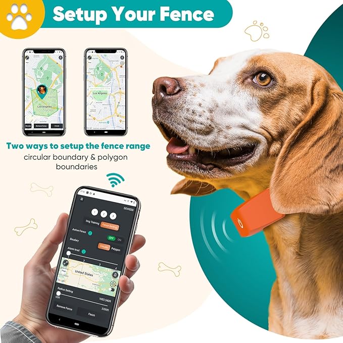 GPS Electric Dog Fence with Free App, Wireless Fence System with Training Collar, Portable Fence for Outdoor Use, Rechargeable Waterproof Flexiable Collar, Adjustable of Dogs (Orange)