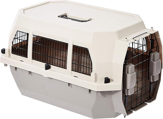 Amazon Basics Hard-Sided Dog and Cat Kennel Single-Door Travel Pet Carrier with Metal Wire Ventilation, 23.6" L x 15.7" W x 13.0" H, Beige