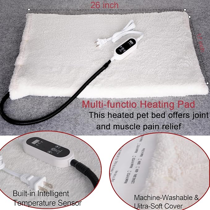 Pet Heating Pad,LED Real-Time Display of Heating Pad Temperature,Heaed Bed for Dogs Cats,Preset Temperature and time.with Includes Soft Washable Fleece Cover,17 "X 26"