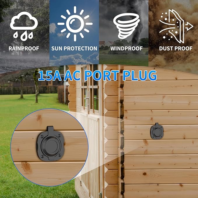 15 Amp AC Port Plug, 125V Power Inlet Socket with Waterproof Cover & Integrated 18" Extension Cord, 2 Pole 3-Wire NEMA 5-15 Flanged Generator Inlet Plug for RV Boat Electrical Connections