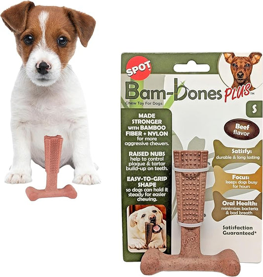 SPOT Bam-Bones Plus T Bone – Bamboo Fiber & Nylon Dog Chew Toy for Moderate to Aggressive Chewers, Durable & Non-Splintering, Long Lasting Beef Flavor Toy for Dogs & Puppies Under 30 lbs, 4 in
