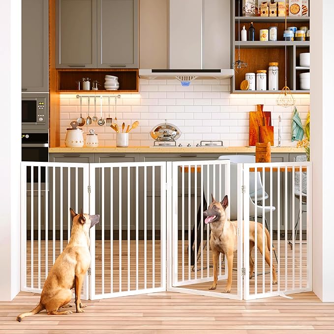 Vantas Folding No-Assembly Metal Pet Gate 80" Wide, 32" Extra Tall Dog Gate with Door Walk Through, Freestanding Accordion Puppy Gate Dog Door for Indoor & Outdoor, with 2PCS Support - White