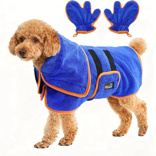 Mihachi Dog Bathrobe Towel Wrap Fast Drying with Drying Gloves Set, Super Absorbent Coral Fleece Dog Drying Coat Bath Robe for Puppy, Medium & Large Dogs, Adjustable Collar & Belly Strap, Blue M