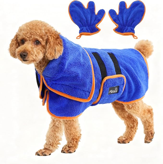 Mihachi Dog Bathrobe Towel Wrap Fast Drying with Drying Gloves Set, Super Absorbent Coral Fleece Dog Drying Coat Bath Robe for Puppy, Medium & Large Dogs, Adjustable Collar & Belly Strap, Blue S