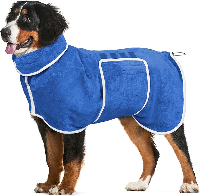 Dog Bathrobe Towel Dog Drying Coat - Super Absorbent Towels Bath Robe for Dogs Large, Soft Adjustable Collar & Belly Strap Fast Drying Coat Pet Cat Bath Robe (Medium Blue‌, XX-Large)