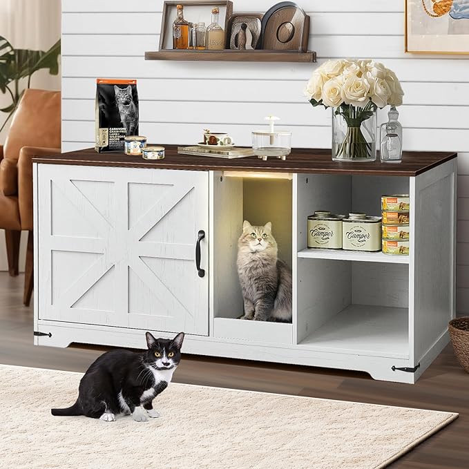 Cat Litter Box Enclosure, Hidden Litter Box Furniture Cabinet with Storage, Cardboard, Light, Wood Indoor Cat House Washroom End Side Table, Farmhouse Style, Antique White