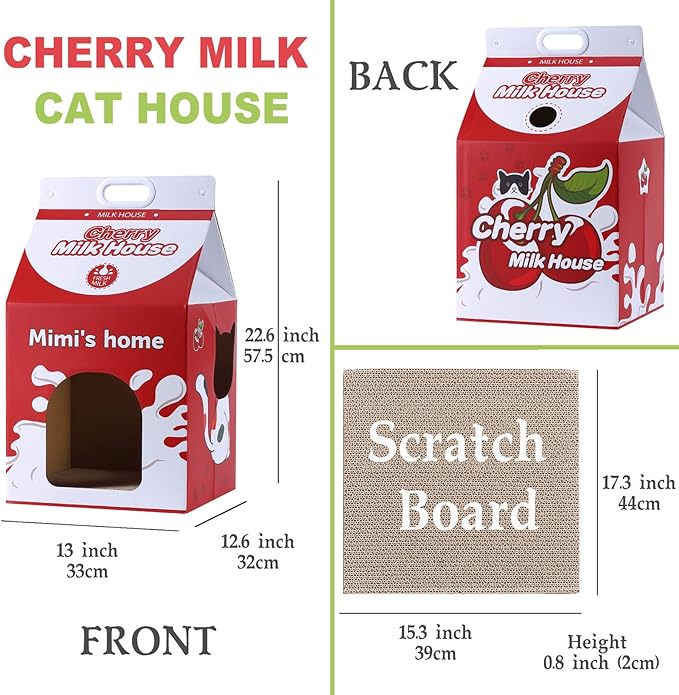 Cardboard Cat House with Scratcher – Red Cherry Milk Carton Design, 22.5''H x 13''L x 13''W, Indoor Cat Playhouse & Hideout for Cats up to 16 lbs, Portable Handle, Corrugated Scratch Pad