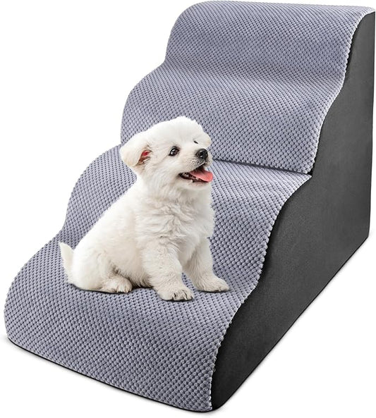 4 Steps Pet Stairs for Small Dogs, 19” High Curved Dog Stairs for Bed with Non-Slip Base, High-Density Foam, and Removable Washable Cover