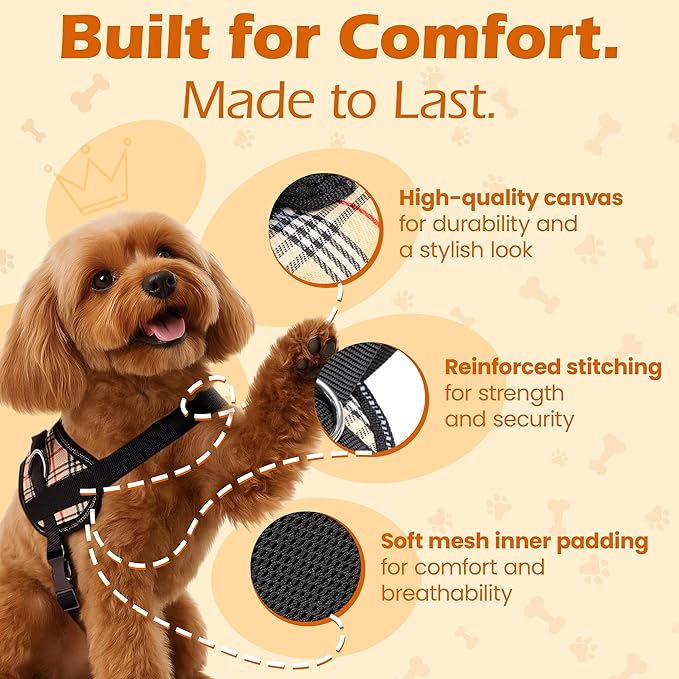 Bark Appeal Tan Plaid No-Pull Dog Harness for Extra Small to Small Sized Pets – Adjustable, Reflective Vest with 3 Leash Clips for Added Control, Easy Walks & Training – Small