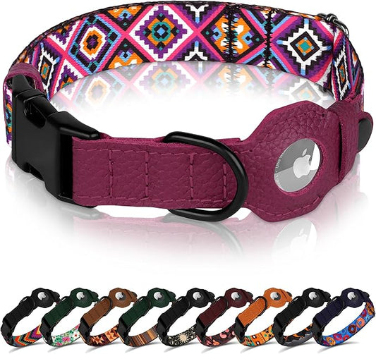 AirTag Dog Collar with Metal Buckle - Printed Nylon Soft Leather Dog Collar with Apple AirTag Holder - Secure Tracking GPS Pet Collars for Girl Boy Small Large Dogs (M, 14"-18" Neck Fit, Aztec)