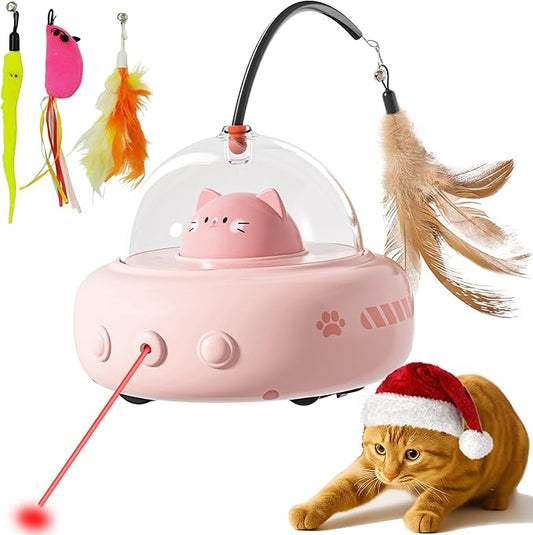 hooroor 2-in-1 UFO Laser Cat Toy with Feather, Automatic Motion Smart Sensor Interactive Toy for Indoor Cats & Small Dogs, Rechargeable 360° Obstacle-Avoidance Exercise Toy, Fun Self-Play Pet Gift