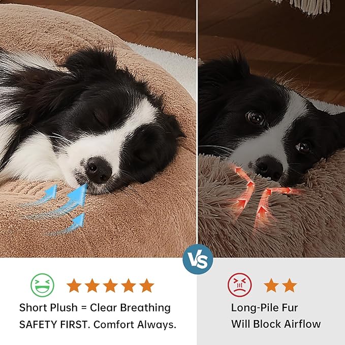 OhGeni 36 inches Calming Donut Orthopedic Dog & Cat Bed for Large Pets, Warming Comfort Fluffy Short Pile Fur, Durable Waterproof Machine Washable Removable Cover, Cute Round Bed for Puppy, Camel