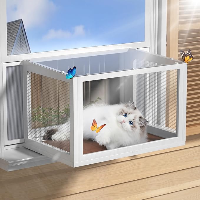 Cat Window Box Catio, Outdoor Indoor Cat Enclosure with Clear Panels, Mesh Sides & PVC Curtain, Universal Window Perch for Windows 25"–43", Window Catio for Sunbathing, Napping & Overlooking,Walnut