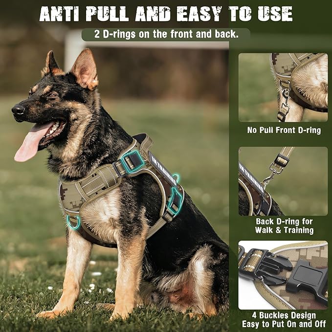 Tactical Dog Harness and Leash Set for Large Dogs,Heavy Duty No Pull Service Dog Vest and 10 Patches with Dog Seat Belt,Reflective Adjustable Pet Harness for Training Walking Hiking Brown XL