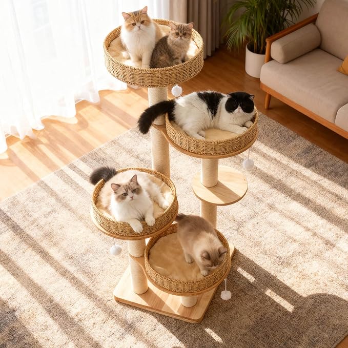 Modern Cat Tree for Indoor Cats Large Adult, 54‘’ Tall Cat Tower with Scratching Post, Wooden Cat Tree for Large Cats with Multi-Levels, 4 Weaving Washable Handwoven Rattan Cat Condo