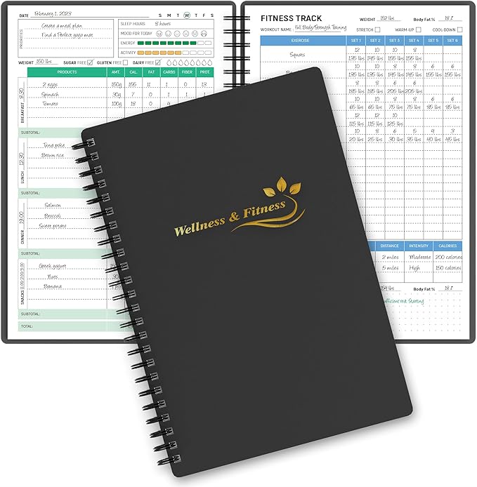 Wellness Planner & Fitness Log - Daily Diet & Health Journal with Weight Loss, Wellness Journal Notebook for Tracking Fitness, Sleep, Nutrition, Meal, Habits, A5(5.8 x 8.6 inch) (Black Golden)