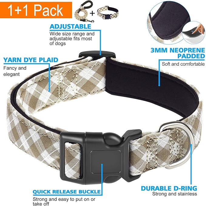 Reflective Dog Collar Padded with Soft Neoprene Breathable Adjustable Nylon Dog Collars for Small Medium Large Dogs (Medium (Pack of 1), Vanilla Plaid Collar+Leash)
