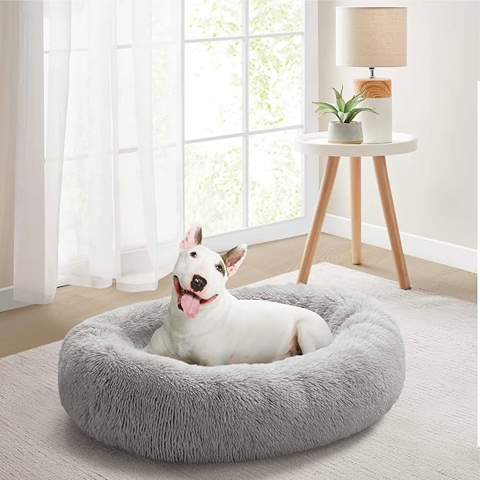 Friends Forever Serena Donut Memory Foam Orthopedic Dog Bed, Soft Faux Fur Oval Cat Couch For Indoor Pet, Fluffy Calming Plush Shag, Round Raised Bolster Cushion, Machine Washable Cuddler, Grey