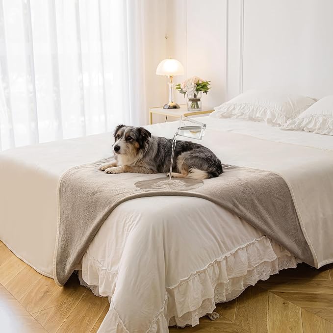 Waterproof Blanket for Bed King Size, Leak Proof Dog Couch Blankets Reversible, Pet Throw Sofa Furniture Protector Machine Washable-82 x108,Beige+Khaki