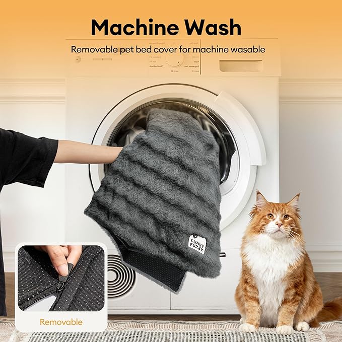 FUNNY FUZZY Self Heating Dog Bed, Waterproof Self Warming Pad for Cats & Dogs, Cozy Plush Warm Pet Mat with Removable Washable Cover - ThermoPad, 39.4"×29.5", Grey