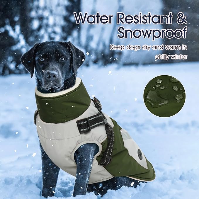IECOii Dog Winter Coat Waterproof - Green, Medium - Dog Coat with Harness Built in for Medium Dogs, Thermal Warm Fleece Lined with Zip Up Cold Weather Jacket, Reflective Snowsuit for Outdoor Hiking