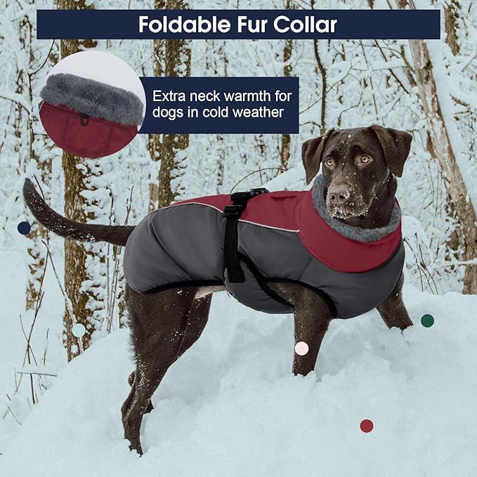 IECOii Extra Warm XXL Dog Coat - Reflective, Adjustable Dog Jacket for Cold Weather Outdoor, Waterproof Windproof Dogs Winter Jacket with Soft Fleece, Machine Washable for Large Dogs, Burgundy, 2XL