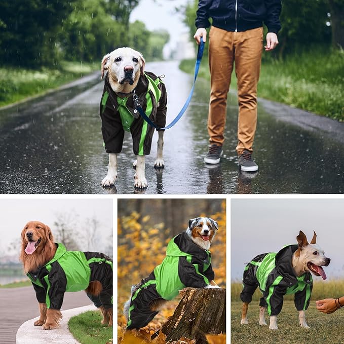 Dog Raincoat, Lightweight Rain Jacket, Adjustable 4-Legs Pet Poncho with Hood, Snow-Proof Dog Vest Rainwear, Rain Clothes Apparel with Leash Hole