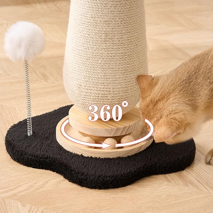 Mushroom Cat Scratching Post Cat Tree, 21.5‘’ H Cute Cat Scratcher Tower with Durable Solid Wood Turntable Toy, Solid Black Mushroom Scratch Post Cat Sisal Scratcher with Catnip for Indoor Cats