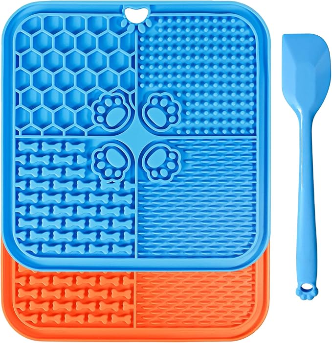Lick Mat for Dogs, Dog Lick Mat with Suction Cups, Pet Food Mats and Slow Feeder Cat Bowl for Dog Anxiety Relief Pet Enrichment Toys for Bathing Station and Cat Grooming 2 Pack (Blue & Orange)