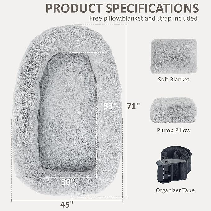 71" Human Dog Bed for Adult, Giant Orthopedic Memory Foam Dog Sofa Bed, Large Oversize Washable Faux Fur Pet Couch with Plump Pillow, Blanket, Strap - Light Grey