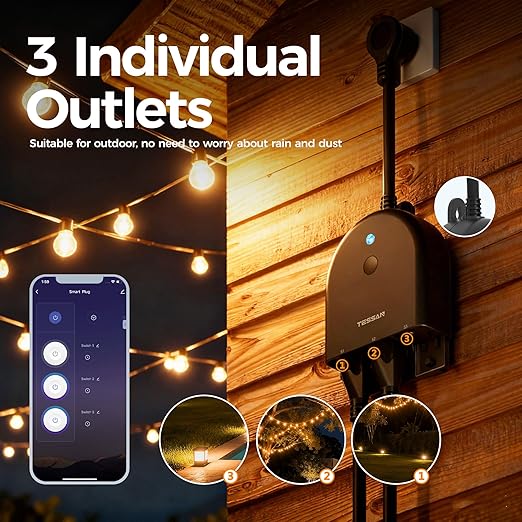 TESSAN Outdoor Smart Plug Waterproof, 2.4GHz WiFi Only, WiFi Smart Outlet with 3 Individual Sockets Compatible with Alexa and Google Home, Remote Control and Timer Function