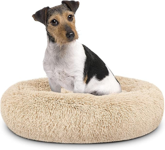 The Dog’s Bed Sound Sleep Donut Dog Bed, Medium Dog Beige Fur Calming Nest Bed, Veterinary Approved