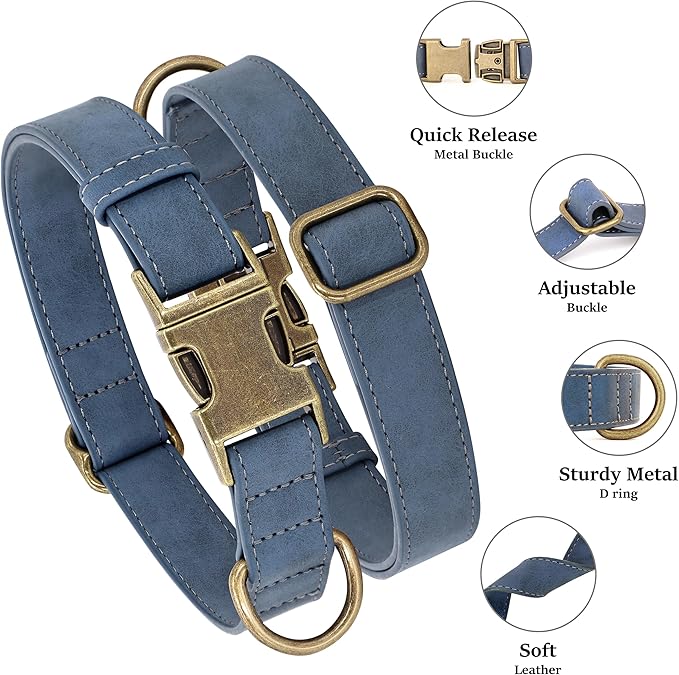 Didog Soft PU Leather Dog Collar, Stylish Quick Released Dog Collars for Small Dogs, Easy Clean Adjustable Pet Collar for Daily Walking, Blue, S Fit 10-16" Neck