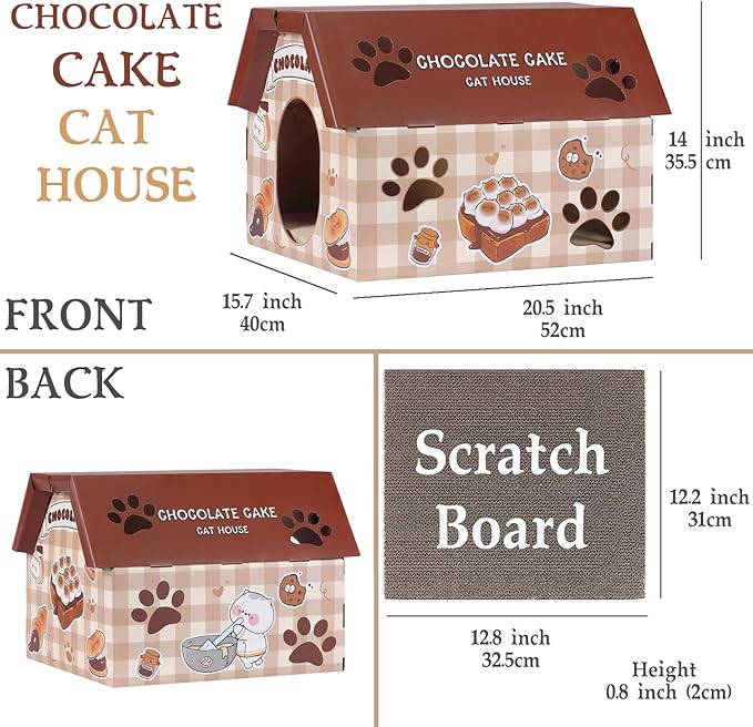 Cardboard Cat House with Scratcher – Chocolate Cake Design, 14''H x 18''L x 15.5''W, Sturdy Cat Playhouse for Indoor Cats up to 20 lbs, Fun Cat Hideout & Scratch Toy