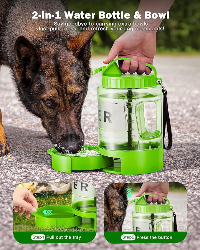 Dog Water Bottle Travel Bowl - 77oz Large Portable Dog Water Bowls Dispenser for Camping Essentials Hiking Traveling Beach Car Park Accessories, Leak Proof Pet Drinking Bottle Dispenser, Green