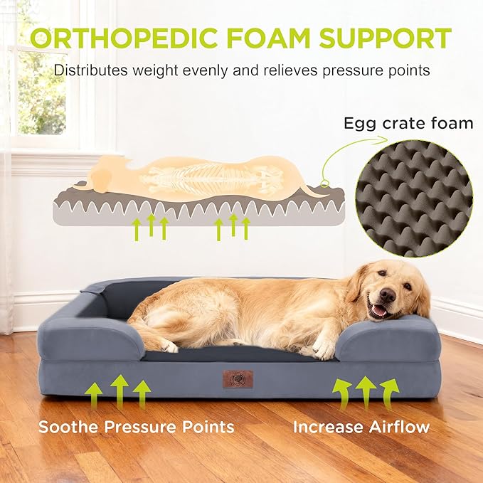 Orthopedic Dog Bed for Extra Large Dogs, XXL Waterproof Egg Crate Memory Foam Pet Bed Bolsters with Removable Washable Cover & Non-Slip Bottom, Tennis Ball Toy, 45x35