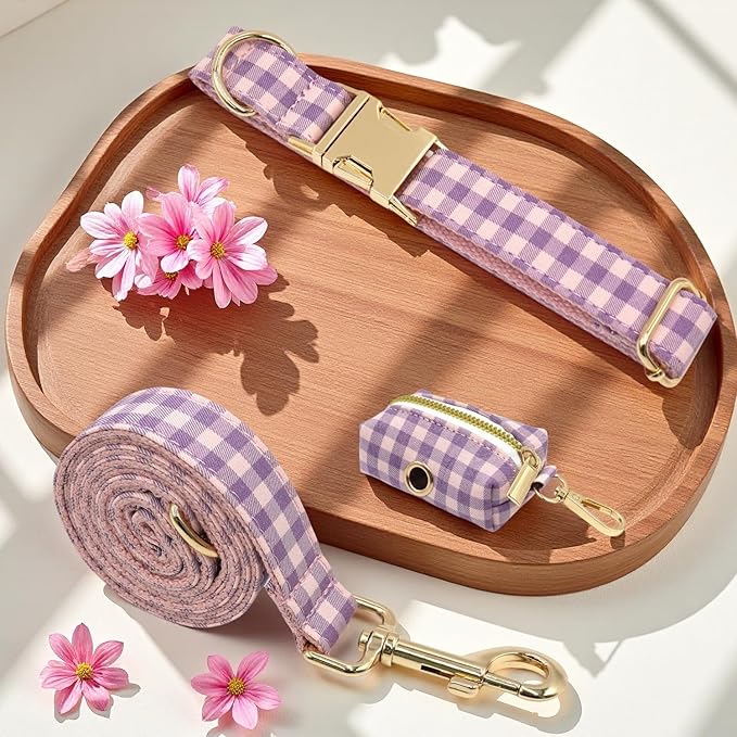 PETDURO Personalized Dog Collar Pink Purple Gingham Plaid for Large Medium Dogs | Engraved Name and Phone Number on Gold Metal Buckle for Girls | Add Leash & Bow Tie via Customize Now