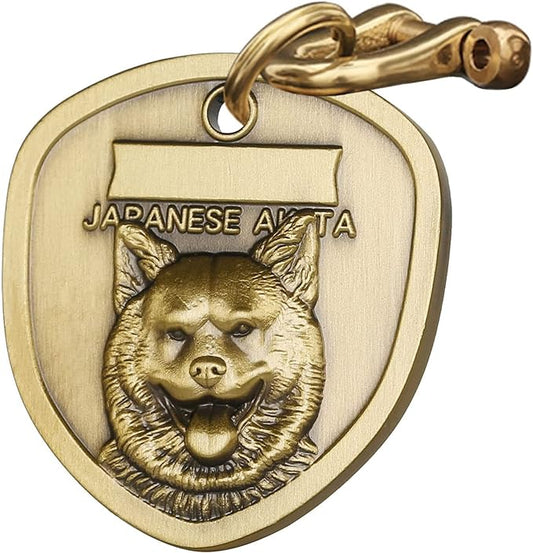 Vintage Pure Copper Personalized Dog Tags, Three-Dimensional Relief Pet Pattern, Custom Pet ID Tags (A15-Japanese Akita)