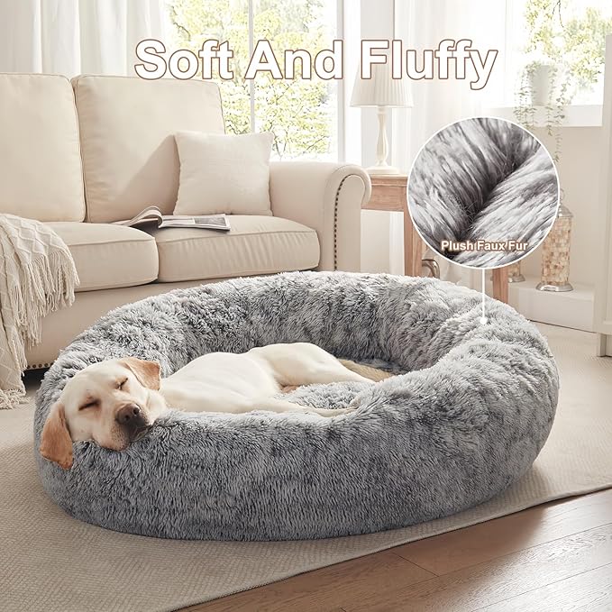 45 inches Donut Dog Bed for Extra Large Dogs,Calming Fluffy Round Jumbo Pet Bed with Removable & Washable Cover, Fits up to 120 lbs Pets (Dark Grey,XL)