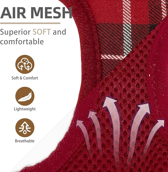 PUPTECK Soft Mesh Dog Harness and Leash Set Step-in Plaid Puppy Padded No Pull Vest Harness for XS Small Medium Sized Dogs Cats Outdoor Walking, Red S