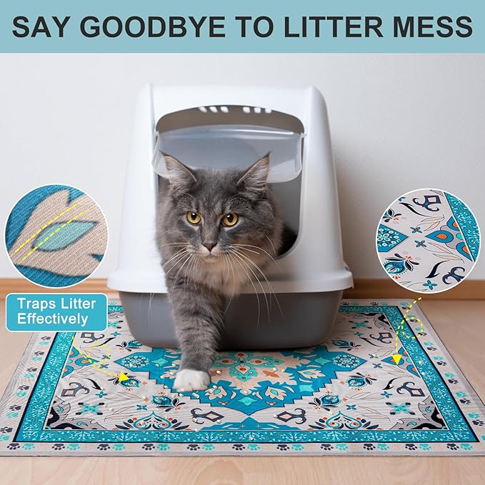 BEAUTYZOO Cat Litter Mat Litter Trapping Mat, 32"x 45" Large Litter Box Mat, Waterproof Kitty Litter Mat, Non-Slip Litter Rug Mats Pads for Floor Scatter Control, Soft on Paws & Easy to Clean, Blue