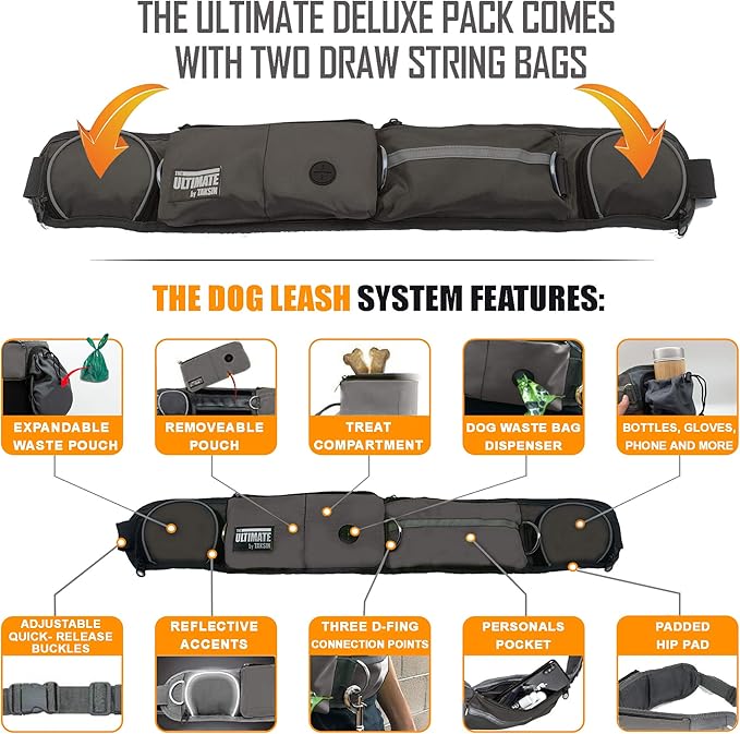 TAKSIN The Ultimate Hands Free Dog Leash System for Walking Running Hiking Training, Reflective Bungee Leash, Treat Holder, Poop Bag Dispenser for Small Medium Large Dogs (Grey Deluxe Pack)