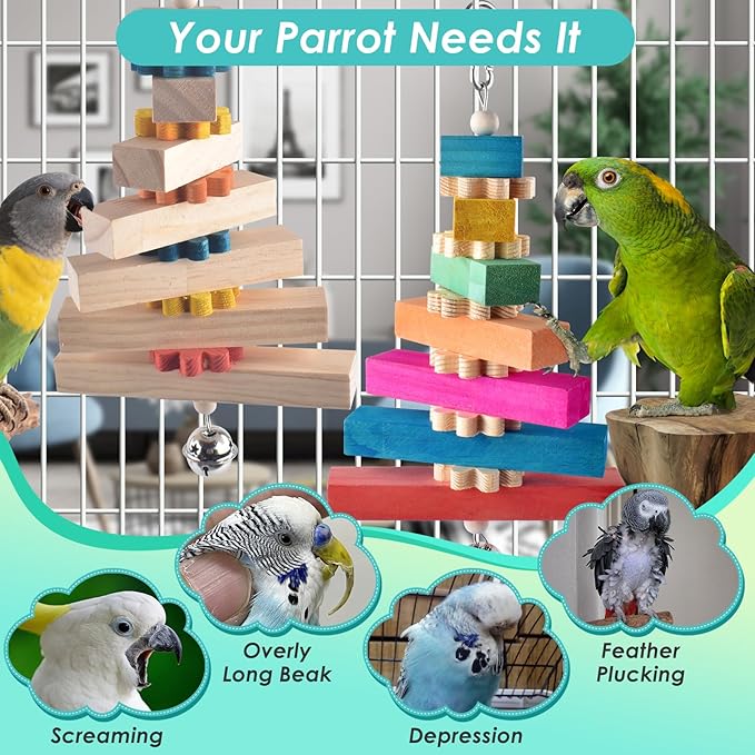 2 Pcs Bird Toys for Parrots, Colorful Natural Large Parrot Toy Hanging Chew Wood Block with Bell for Medium to Large Cockatiels, Conures, African Greys, Amazon