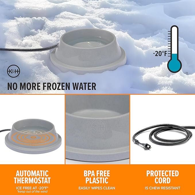 K&H Pet Products Thermal-Bowl Heated Water Bowl for Cats & Dogs Outside, Safety Listed Outdoor Heated Dog Dish for Pets, Automatic No Freeze, Anti Chew Cord - 32 Ounces Gray 12W