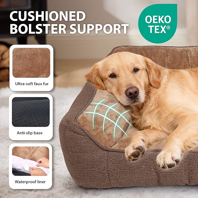 Orthopedic Dog Bed for Large Dogs - Waterproof Memory Foam Dog Couch Bed with Sides, Pet Beds with Washable Cover & Non-Slip Bottom, Brown, 38x28 Inch