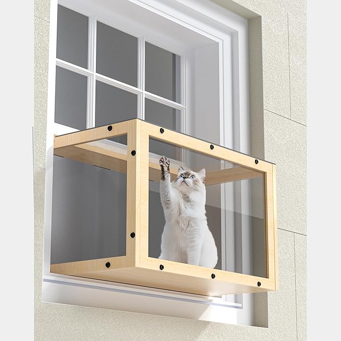 Window Cat Perch Catio, Wood Cat Window Box, Window Catio for Indoor Cats. Suitable Single Hanging Window with an Inner Diameter of The Window Frame with A Net Opening Width of 24-35 in. KGCCIZI.