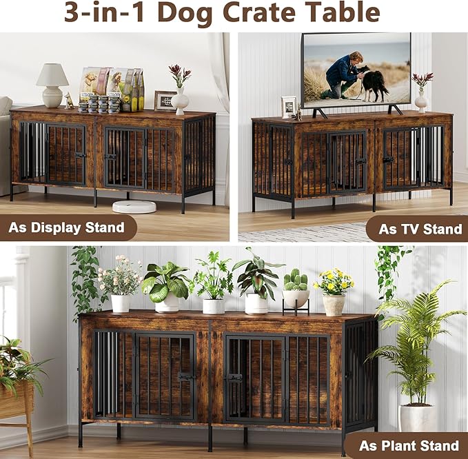 EasyCom Dog Crate Furniture for 1 or 2 Dogs, Heavy Duty Single/Double Dog Crates for Small/Medium/Large Dogs, Dog Kennel Furniture Indoor as TV Stand, Small Size 55.12" L(0-20 Pounds), Brown